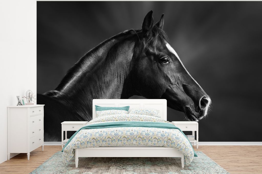 MuchoWow Fototapete für Wohnzimmer oder Schlafzimmer Wandtapete Vinyl Motivtapete Pferd - Tiere - Schwarz - Weiß - Porträt - 375x280 cm - Schl...
