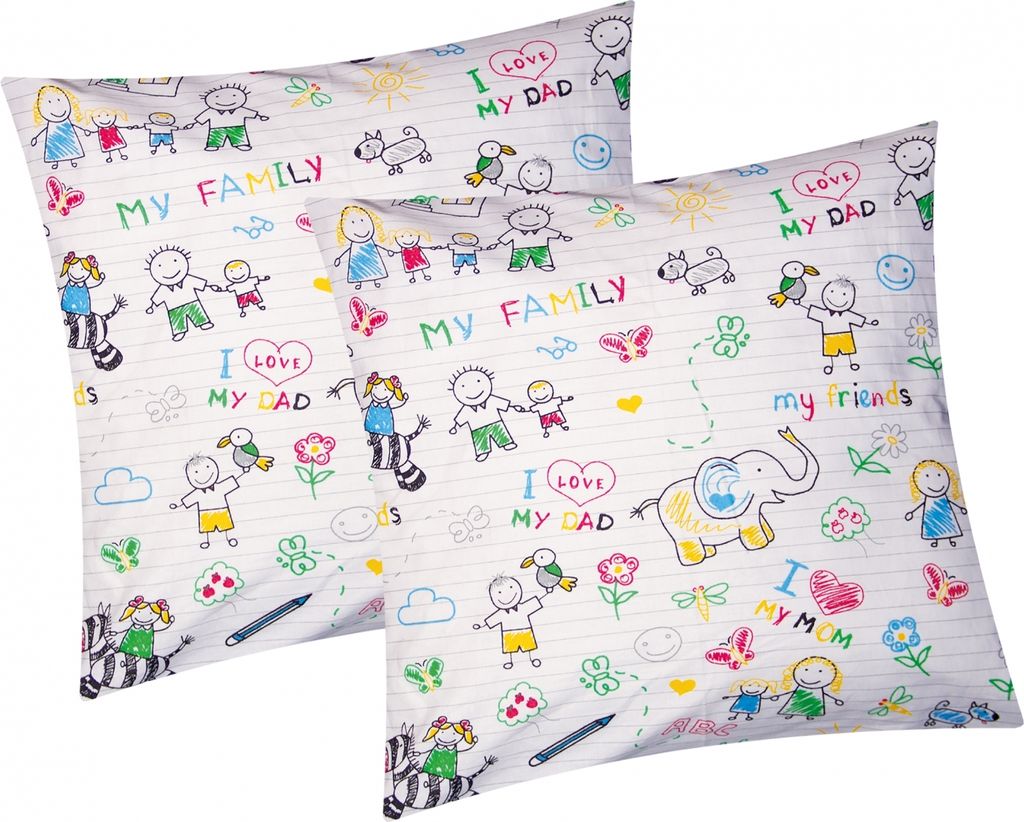 Renforcé Kissenbezug - 2er Set in 40x40cm - Familie und Tiere gemalt - Kopfkissen-Bezug, Kissenhülle, Dekokissenbezug 100% Baumwolle, Kinder (EW-...