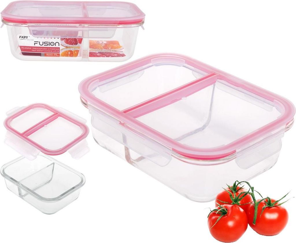 Lunchbox aus Glas, hitzebeständig, rechteckig, zweiteilig, zwei Fächer mit Deckel, FUSION Artikel 81457, luftdicht, 1500 ml, für Lebensmittel, d...