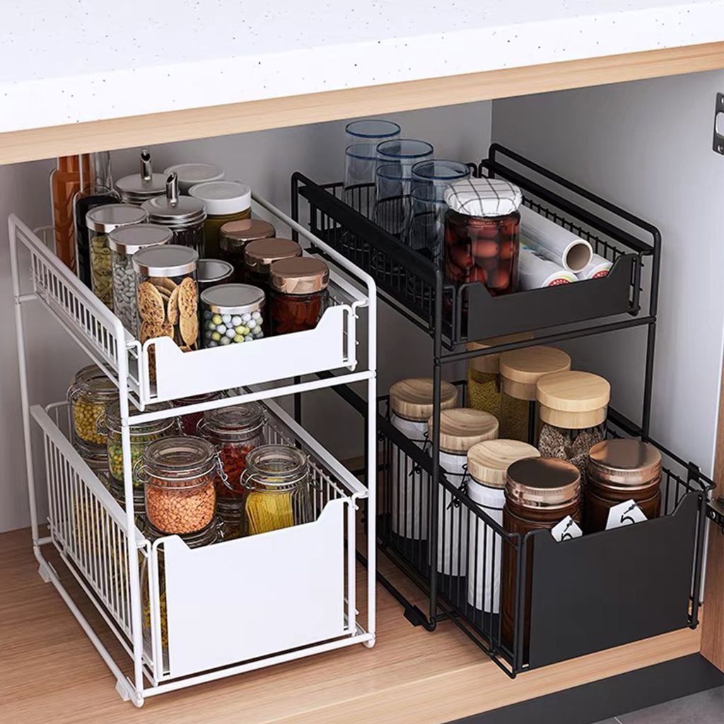 2er Set Küchenregal Schiebeschrank Korb Küchen-Unterschrankregal Unter Waschbecken Regal Gewürzregal für Badezimmer-Küchen-Arbeitsplatte Schwa