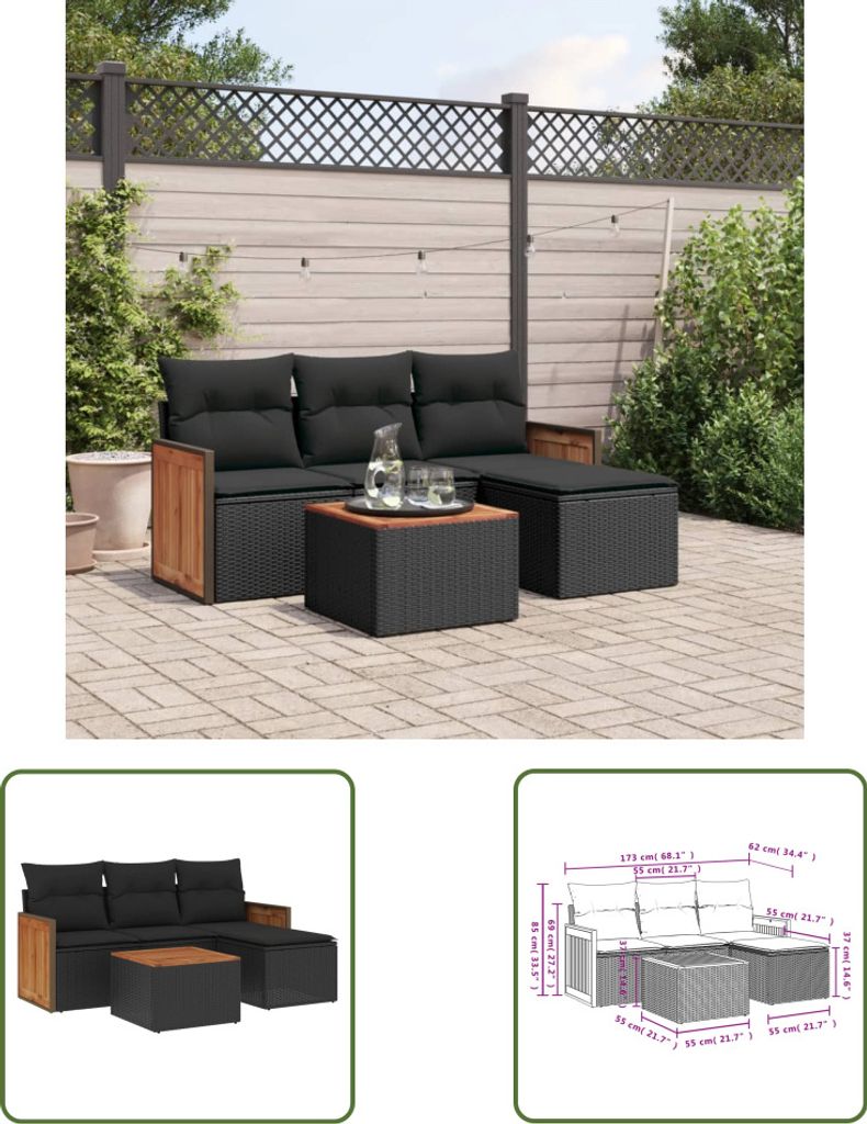 The Living Store 5-tlg. Garten-Sofagarnitur mit Kissen Schwarz Poly Rattan