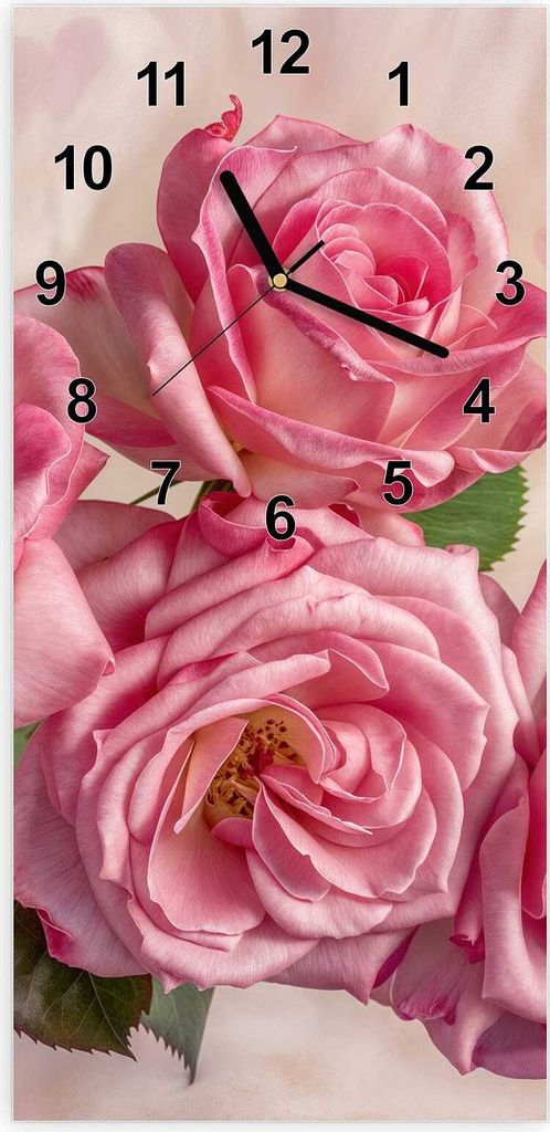 Wanduhr aus Glas mit Motiv Rosenblütenpracht- 30 x 60 cm - inkl. Aufhängesystem