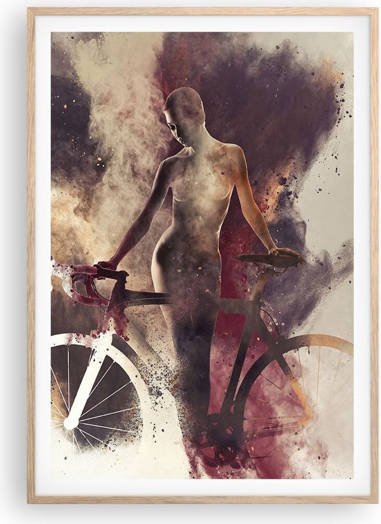 Gerahmtes Poster - Rahmen in heller Eiche - Körper Mädchen Fahrrad Illustration - 70x100 cm - Wand Bild - Wanddeko - Wandbilder - Wandposter - Bi...