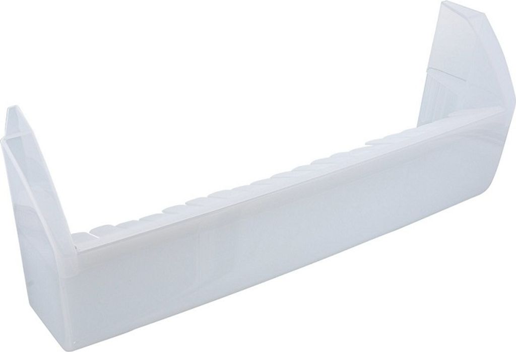 A white plastic refrigerator door shelf is shown against a white background.