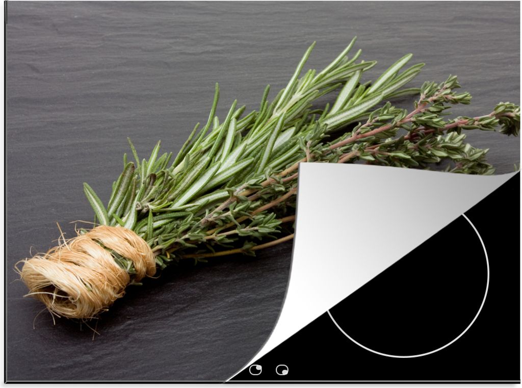 KitchenYeah Herdabdeckplatte Thymian - Kräuter - Grün - Tisch - Küche - Stein , 59x52cm, Küche Deko, Glaskeramikfeld Herdabdeckung, Abdeckpla...