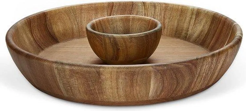 Plateau apéritif rond bois 30 cm pour soirées tapas et dips avec sauce