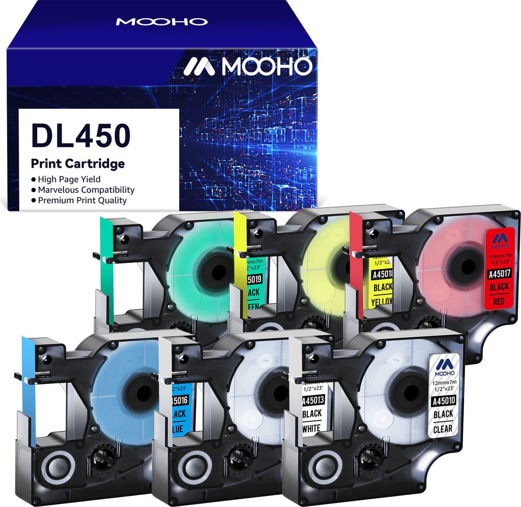 6x DL 45010-45019 Schriftband 12mm Für Dymo Etikettenband LABELMANAGER 100 120P 150 155 210D 220P 250 260P LABELWRITER DUO 3M PL100 PL150 PL200