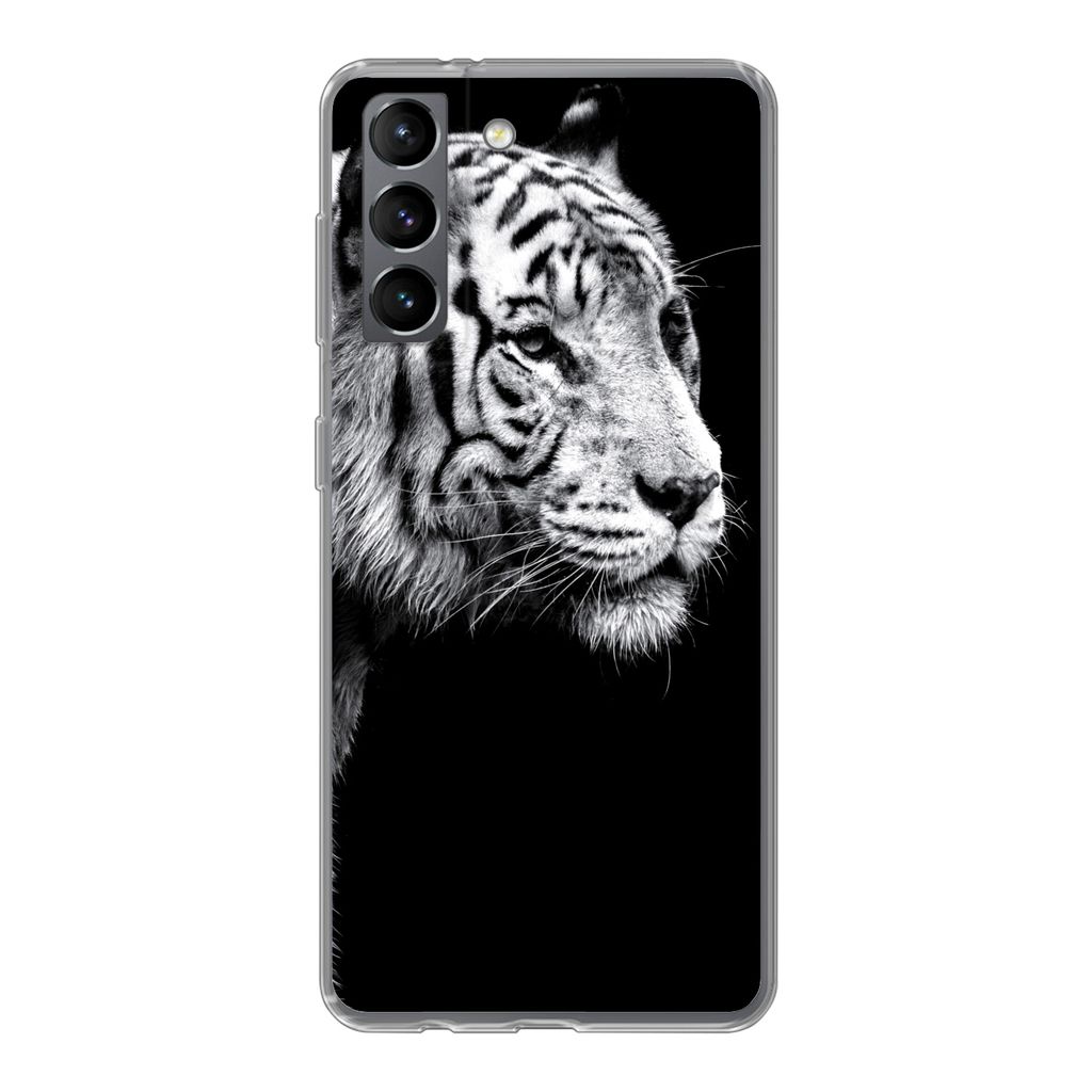 MuchoWow Handyhülle Schutzhülle Hülle für Samsung Galaxy S21 Studioaufnahme eines weißen Tigers auf schwarzem Hintergrund Silikon Softcase H...