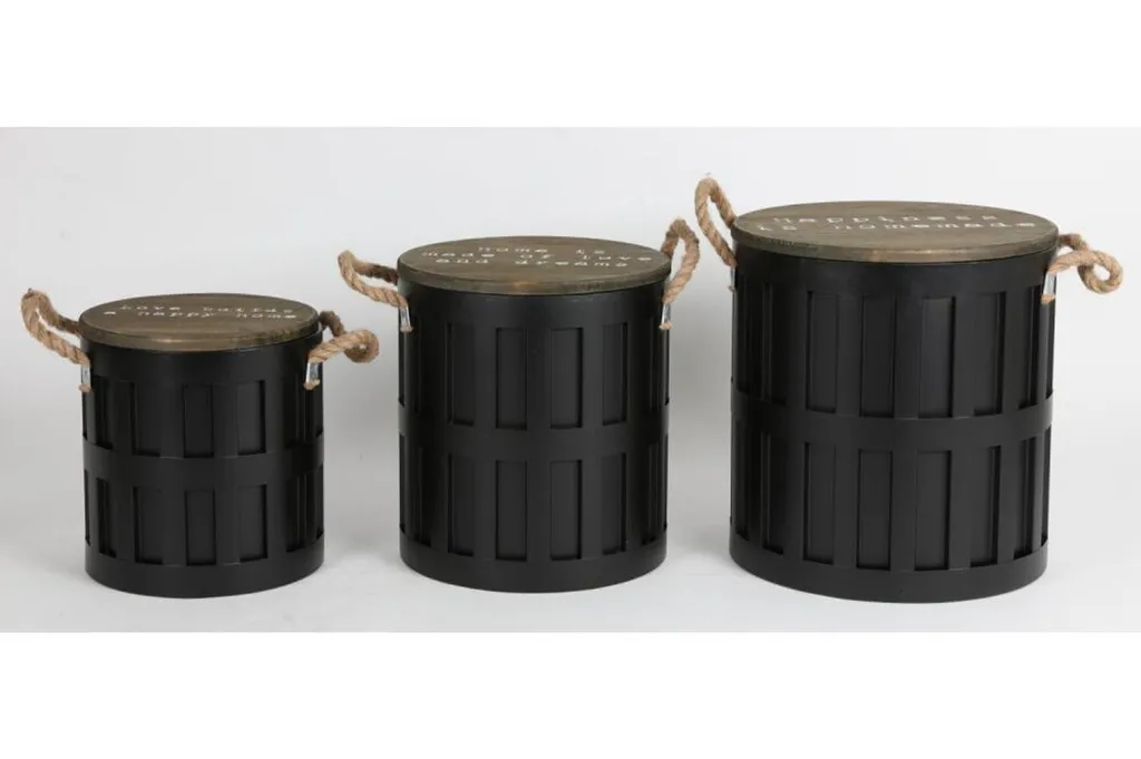 Gagnez de la Place avec ces 3 Tonneaux de Rangement Métal Noir et Bois