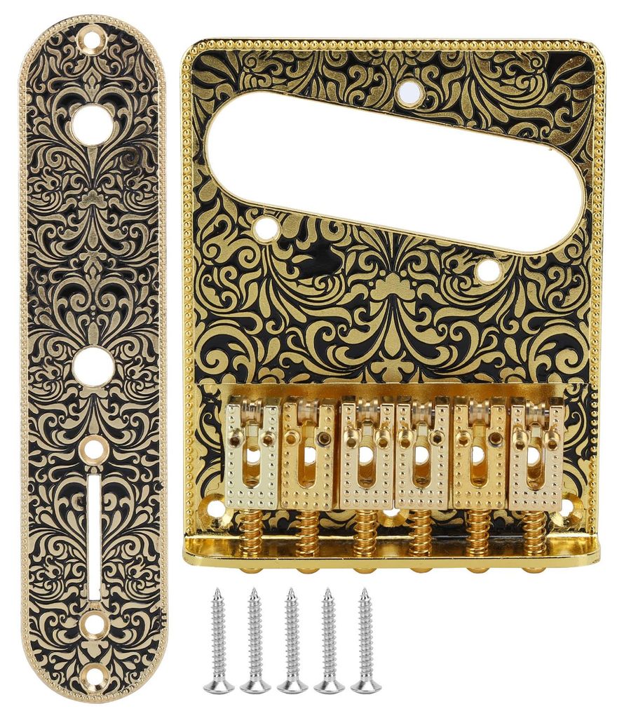E-Gitarrenbrücke mit geschnitztem Muster, 6 Saitenreiter, Saitenhalter, E-Gitarrenzubehör, Gold