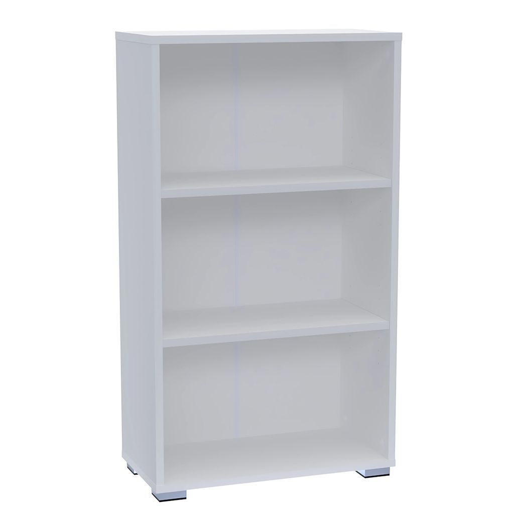 A plain white three-shelf bookcase.