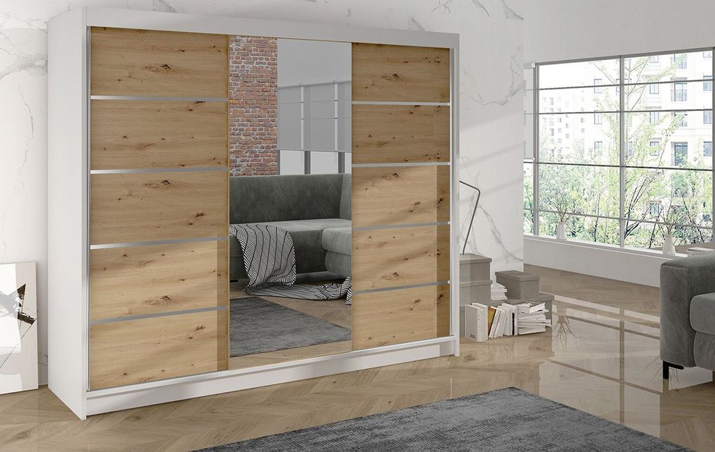A modern wardrobe with mirrored doors and wood-effect panels is shown in a room setting.