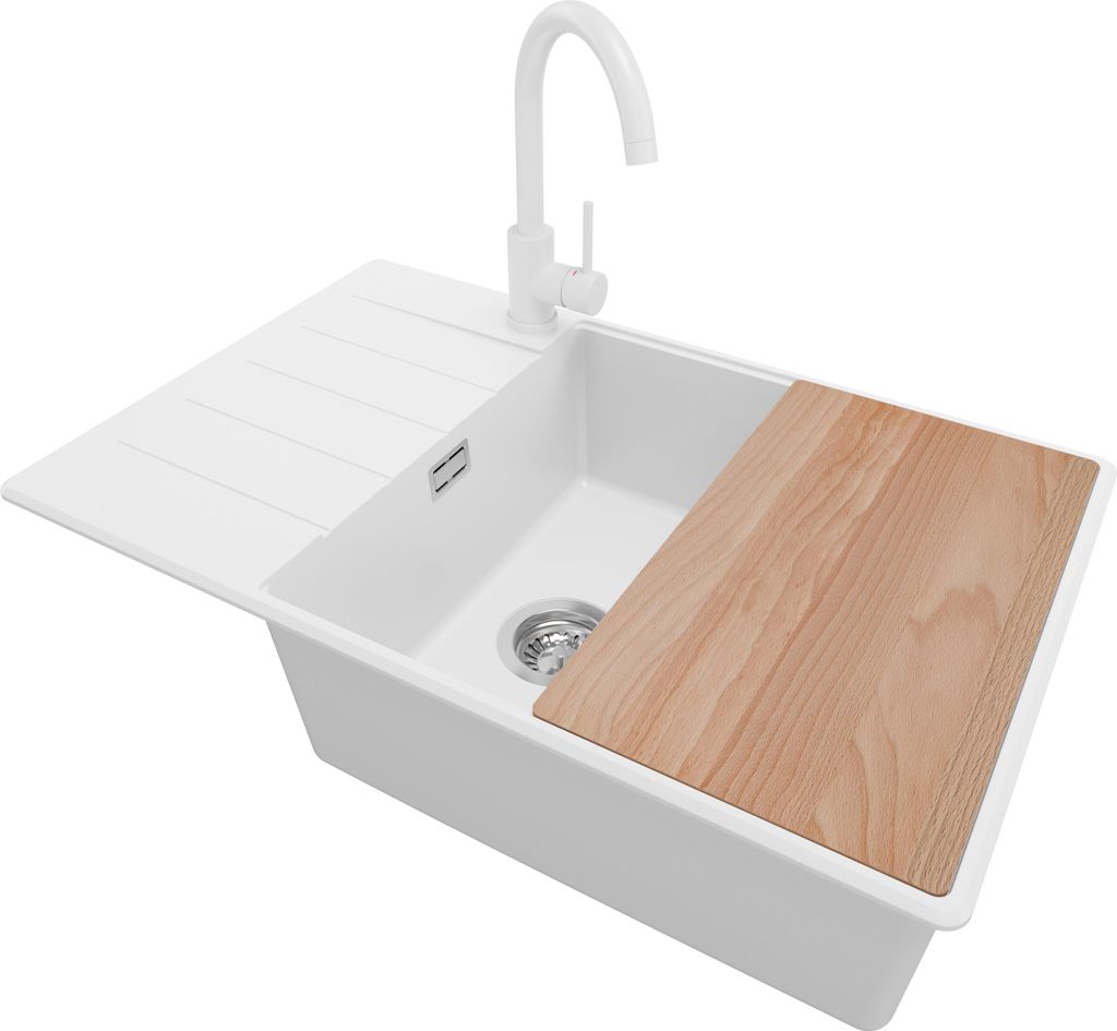 PRIMAGRAN Granitspüle Weiß 78x50cm, Spülbecken 1 Becken + Küchenarmatur 32x20cm + Ablauf-Set + Schneidebrett, Küchenspüle ab 60er Unterschran...
