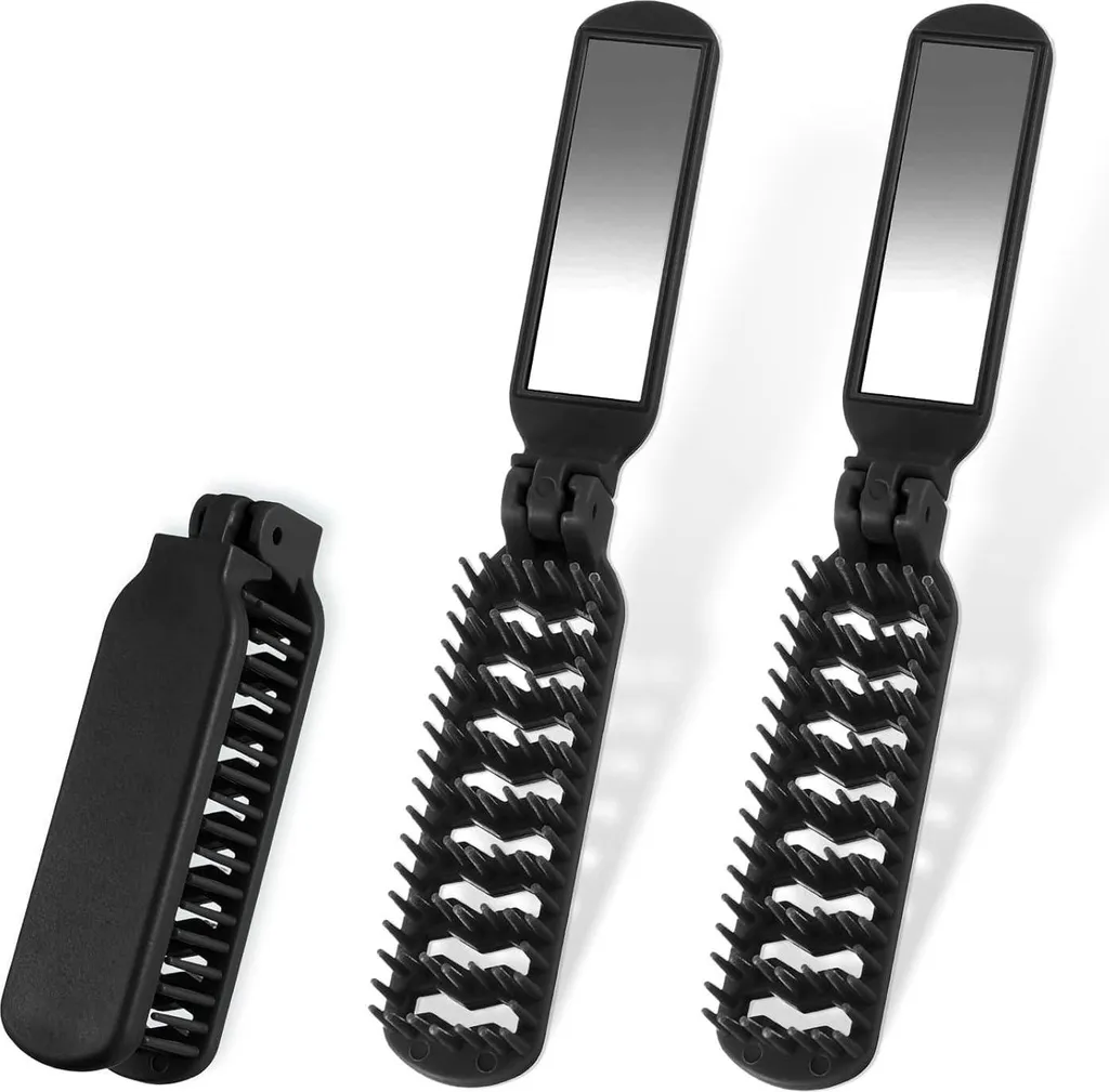 Set 2 Spazzole da Viaggio Pieghevoli Nere con Specchio | Kit Tascabile