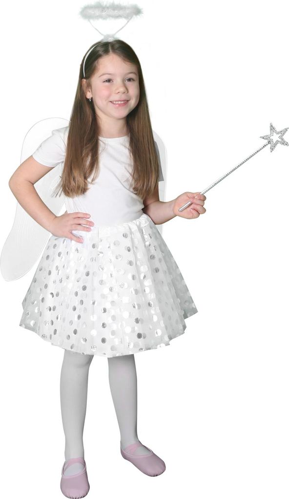 A young girl dressed as an angel, holding a star wand.
