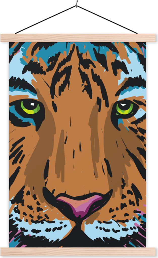 MuchoWow Textilposter Tiger - Farbe - Augen 40x60 cm mit holzfarbenen Rahmen - Poster