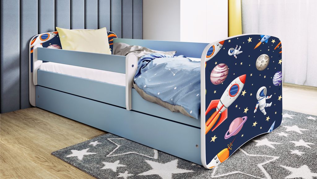 Kinderbett Jugendbett Kosmos 70x140, 80x160, 80x180 cm - Komplettset mit Schublade & Rausfallschutz