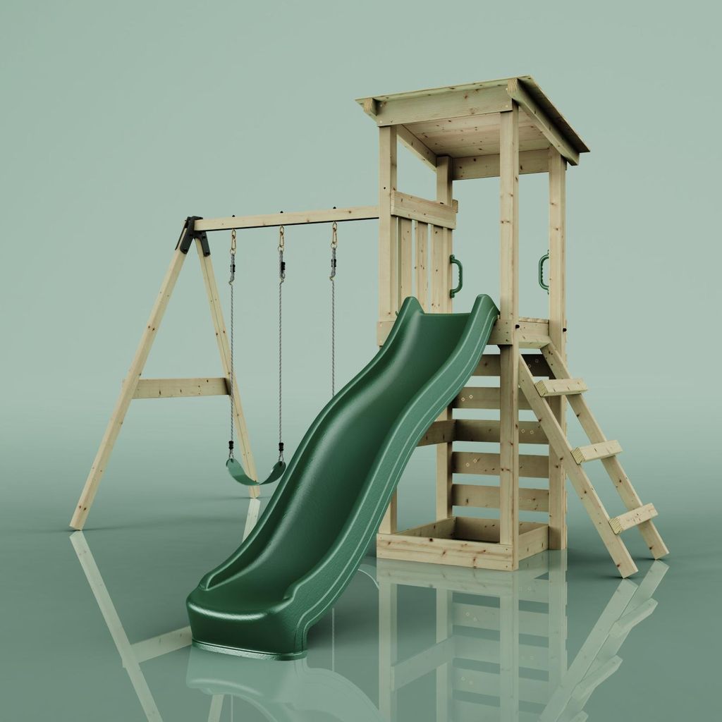 OutdoorToys Spielturm Neapel aus Holz in Dunkelgrün mit Produktbild 