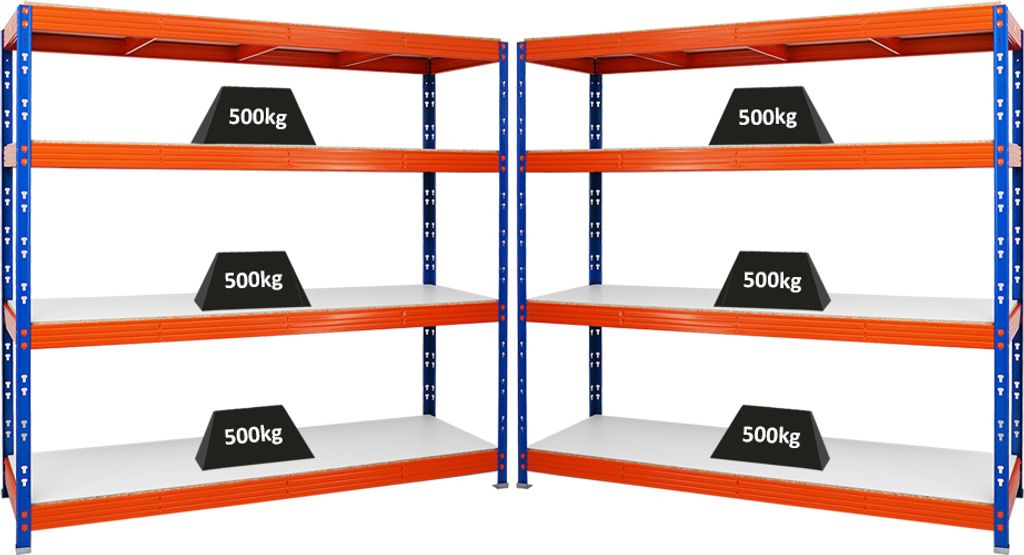 Mega Deal | 2x Profi Schwerlastregal Rhino | HxBxT 180x200x60cm | 4 Melamin-Ebenen 16mm | Fachlast 500kg | Blau-Orange