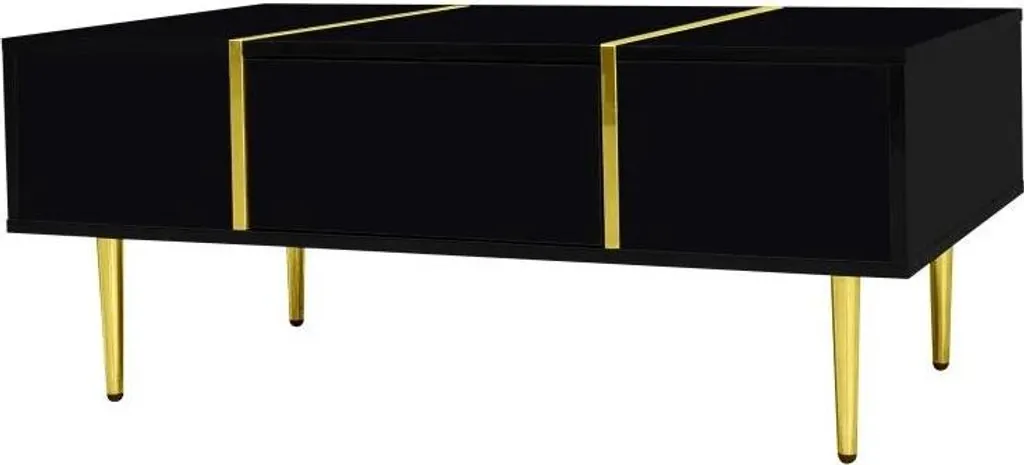 Table basse noire avec rangement intégré et surface laquée brillante
