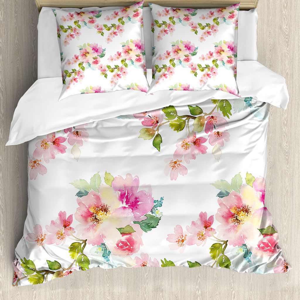 ABAKUHAUS Shabby Chic Bettbezugs Set Für Doppelbetten, Aquarell Blütenblätter, Milbensicher Allergiker geeignet mit Kissenbezügen, Grün