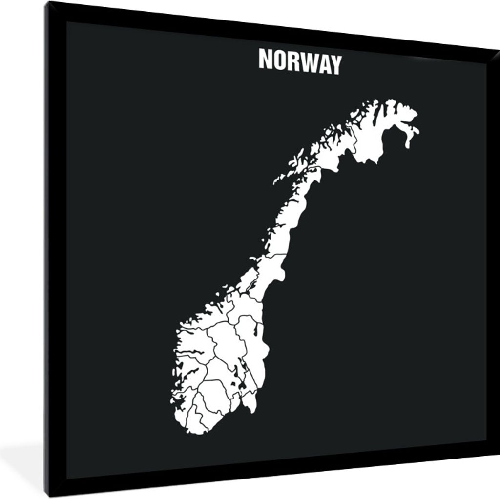 MuchoWow Gerahmtes Poster Illustration von Norwegen in weiß vor schwarzem Hintergrund 40x40 cm - Poster mit Schwarzem Bilderrahmen Wandposter Ra...