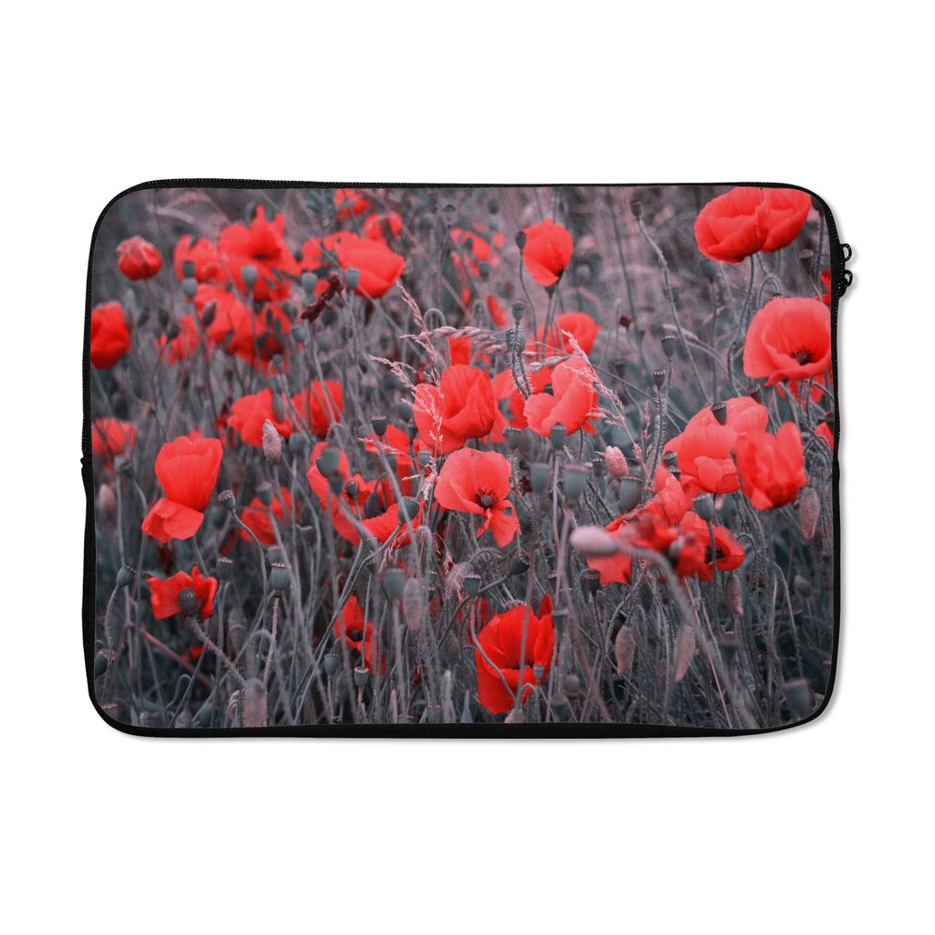 MuchoWow Laptop Hülle 13 Zoll Rote Mohnblumen in einem Schwarz-Weiß-Bild Laptoptasche - Laptophülle - Sleeve - Rundumschutz
