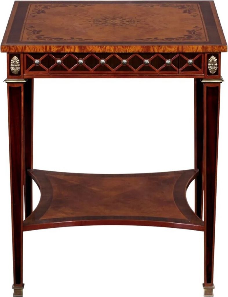 Casa Padrino Luxus Art Deco Beistelltisch Naturfarben / Braun Intarsien / Silber / Antik Messing 61 x 61 x H. 77 cm - Quadratischer Massivholz Tisc...