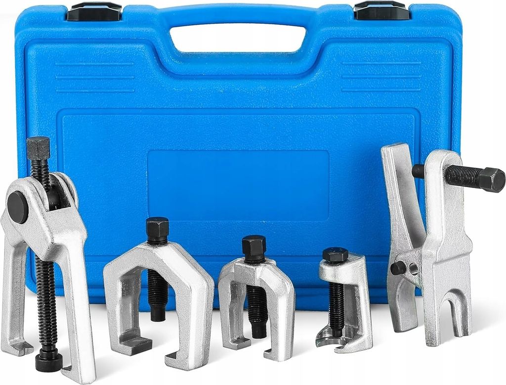 A set of five metal car repair tools, specifically ball joint separators and tie rod end pullers, are displayed in front of a blue plastic carrying case.