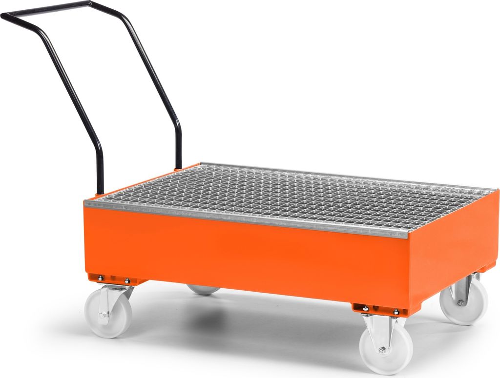 RR Industrietechnik Fahrbare Auffangwanne aus Stahl für 2x 200 Liter Fass mit Gitterrost RAL 2004 reinorange