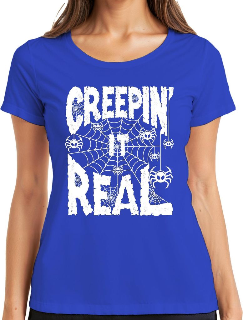 Creepin It Real Halloween Spinnen Spinnennetz Gruselig Lustig Damen T-Shirt, Blau, XXL