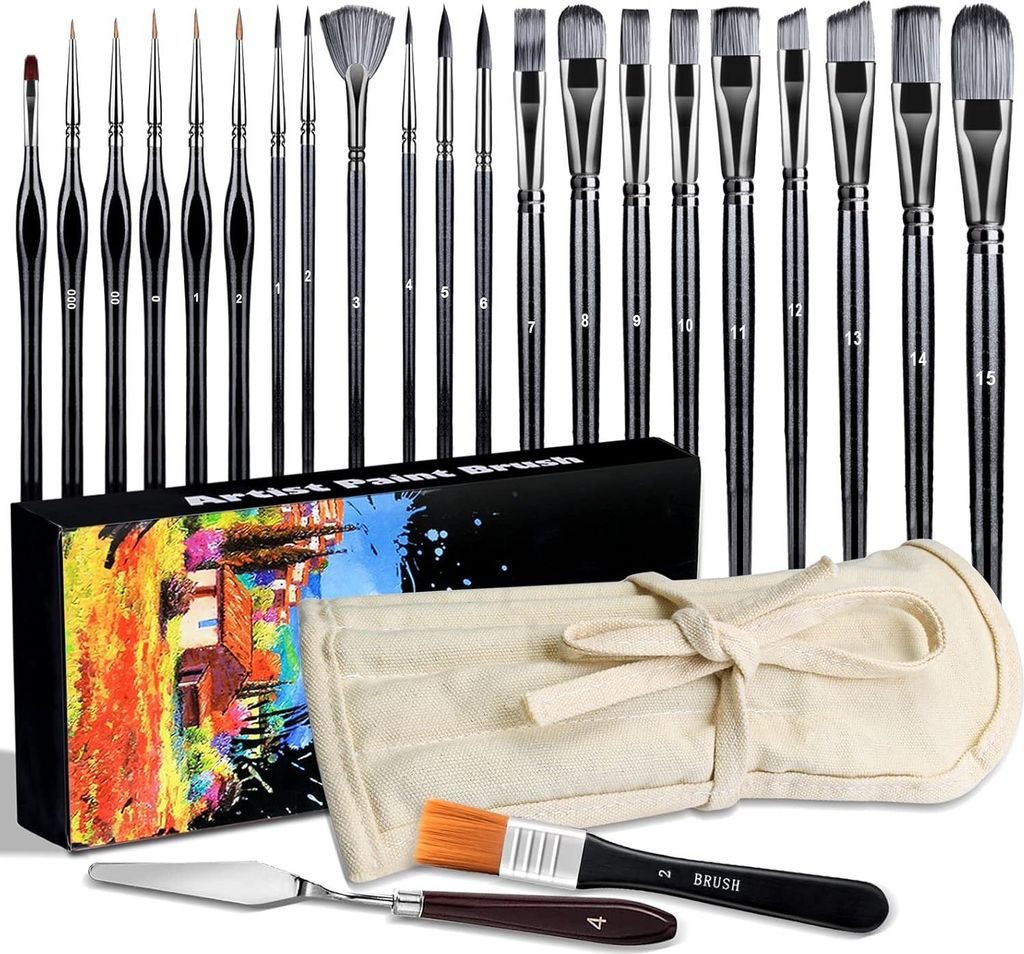 23-teiliges Set assortierter weicher Haarbürsten Kunstborsten - professionelle Pinsel für Erwachsene - Gouache Acryl Ölmalerei - Anfänger