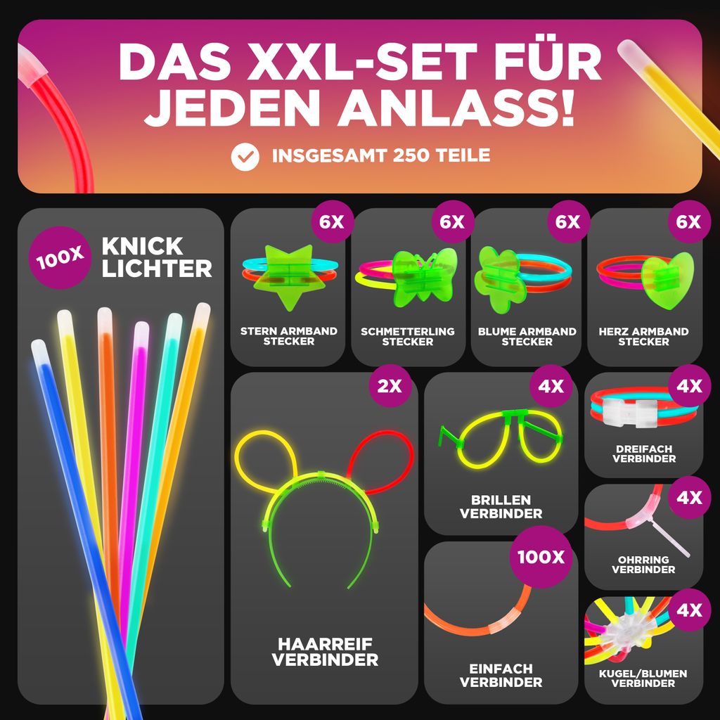 Knicklichter Party Set - 100 Knicklichter + 142 Verbinder Produktbild 3