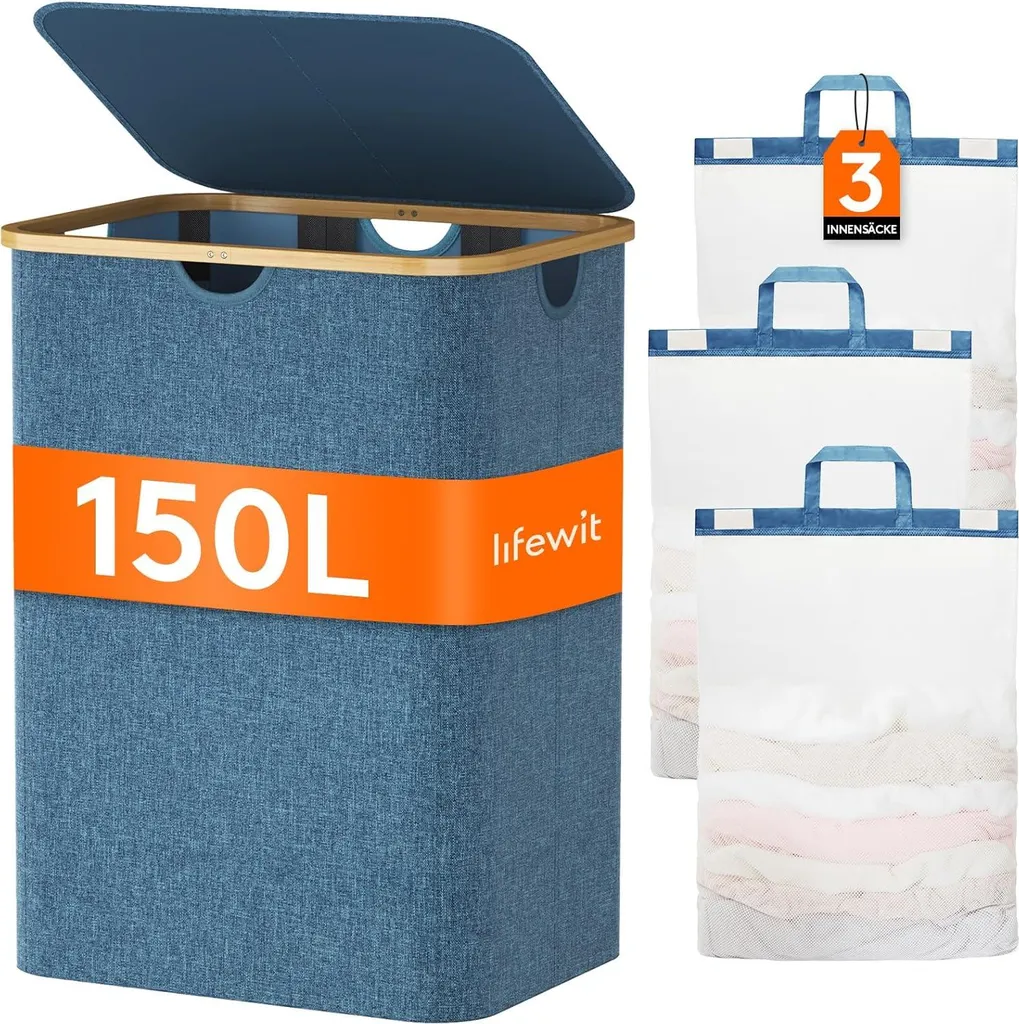 Panier à linge 3 compartiments 150L Gris Clair avec Poignées en Bambou