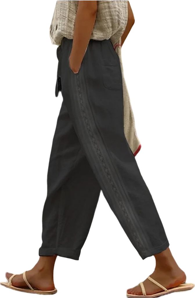 ASKSA Damen Leinenhosen 7/8 Sommer Leicht Leinen Baggy Hosen Freizeithose mit Taschen, Schwarz, Groesse: L