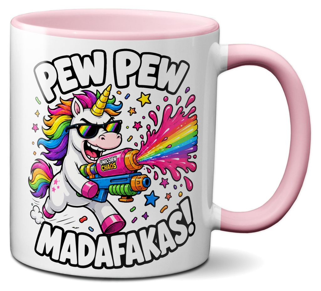 TassenKing Pew Pew Madafakas Einhorn – Keramik Kaffeetasse Kaffeebecher 330 ml, rosa Henkel, beidseitig bedruckt