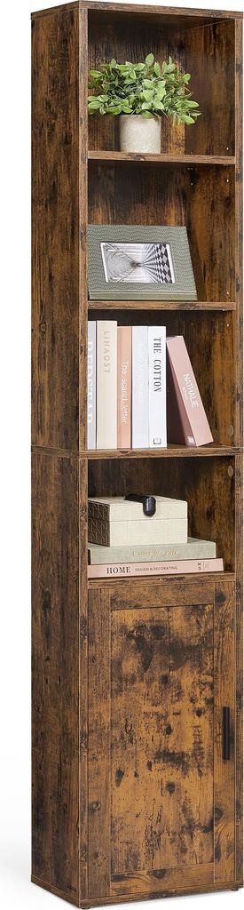 A tall, narrow wooden bookshelf with multiple shelves and a cabinet at the bottom.