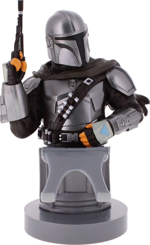 A bust of the Mandalorian character from Star Wars, holding a rifle, displayed on a stand.