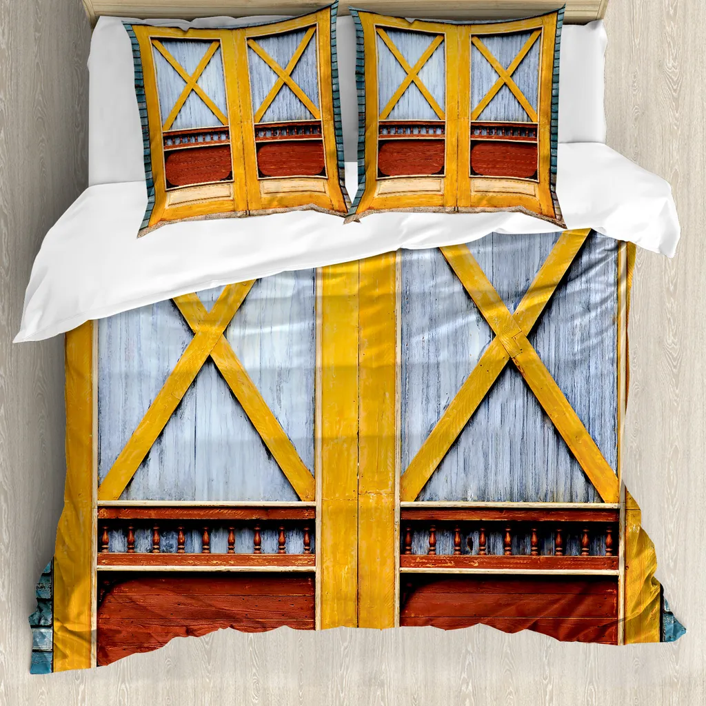 ABAKUHAUS Copripiumino rustico, Urban House in città, antiacaro, adatto a chi soffre di allergie, con federe, 200 cm x 200 cm - 80 x 80 cm, blu arancione