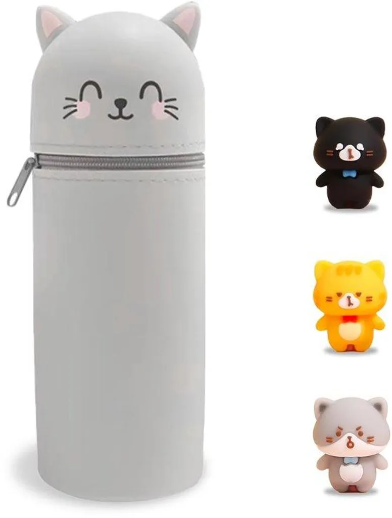 Trousse de rangement chat gris 2 en 1 silicone pour l'école et le dessin