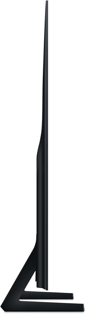 Side profile of a black television on a stand.