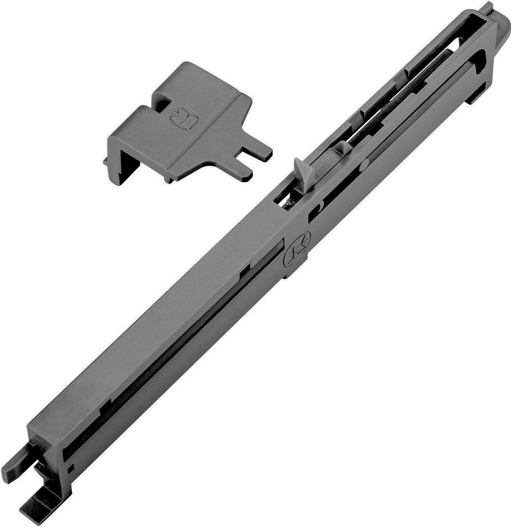 A close-up, angled view of a drawer slide mechanism and a small plastic bracket, isolated on a white background.