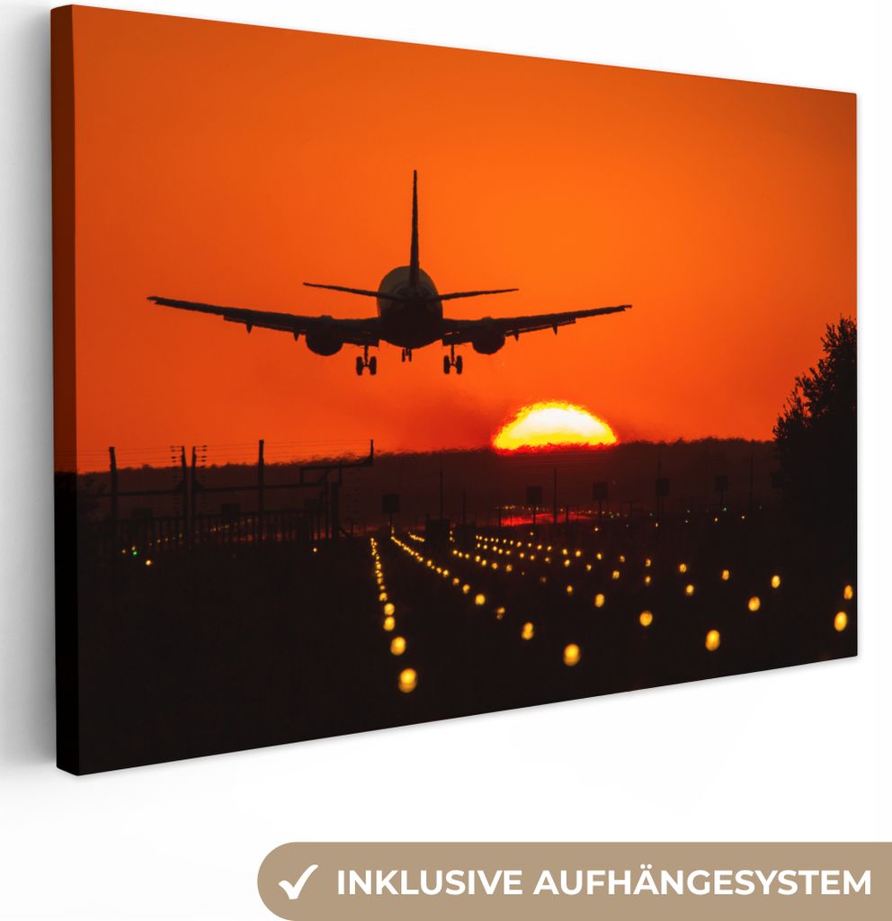 MuchoWow - Leinwandbilder - Sonnenuntergang - Flugzeug - Orange - Sonne, Wandbild, Wanddeko Bilder Wohnzimmer, 30x20 cm