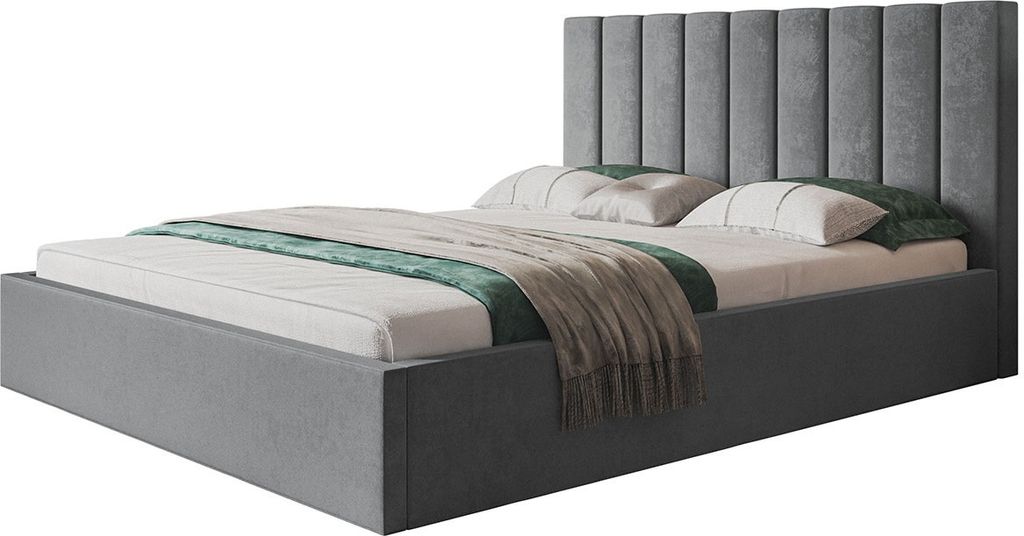 Elegantes Doppelbett SAPPORO SLIM 160x200 mit Bettkasten & Lattenrost aus Metall - Polsterbett Farbe: Hellgrau, Velourestoff