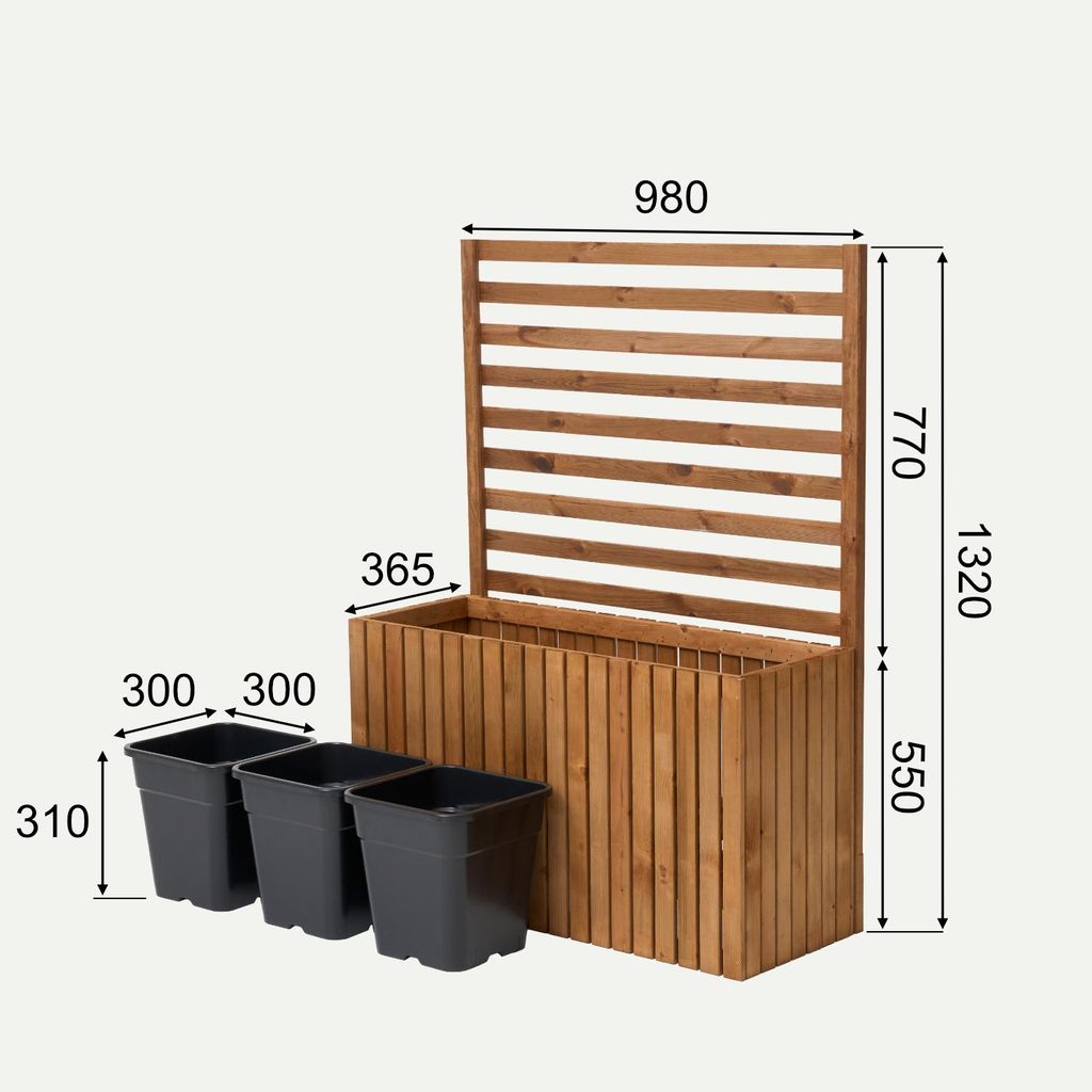 Pflanzkübel mit Rankgitter Spalier mit Pflanzkasten Blumenkasten aus Holz Hochbeet mit 3x18L Pflanzeneinsatz (vertikal-braun, 98x36x55 H132)