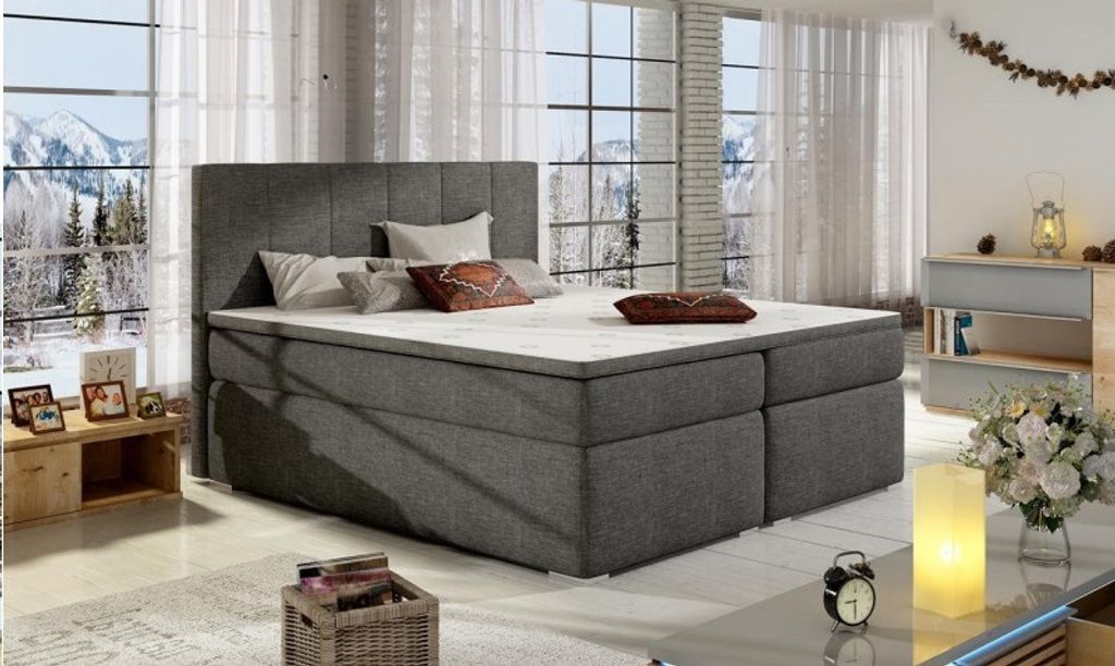 Boxspringbett mit Bettkasten - Bolemor (Grau - Sawana 05) - 180x200 in Stoff und 5cm Topper, Bonell-Federkernmatratze, H2/H3 Härtegrad