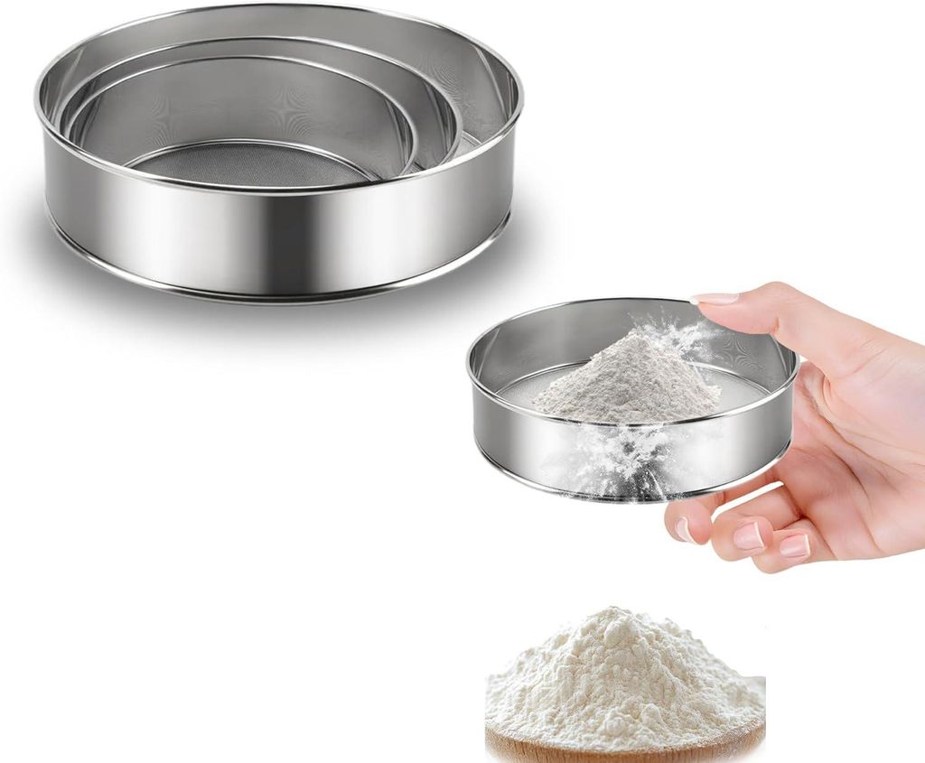 Set mit 3 feinmaschigen Sieben inklusive Bürste, rundes Edelstahl-Backsieb, 20 cm Mehlsieb, 60-Mesh-Sieb, 60-Mesh-Sieb, 15 cm Sieb, 40-Mesh-Sieb, ...