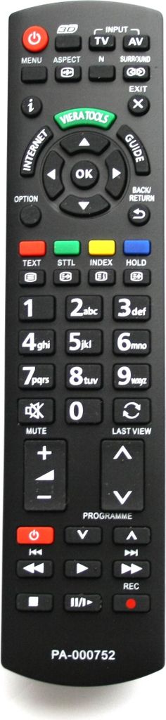 A black remote control with various buttons is shown against a white background.
