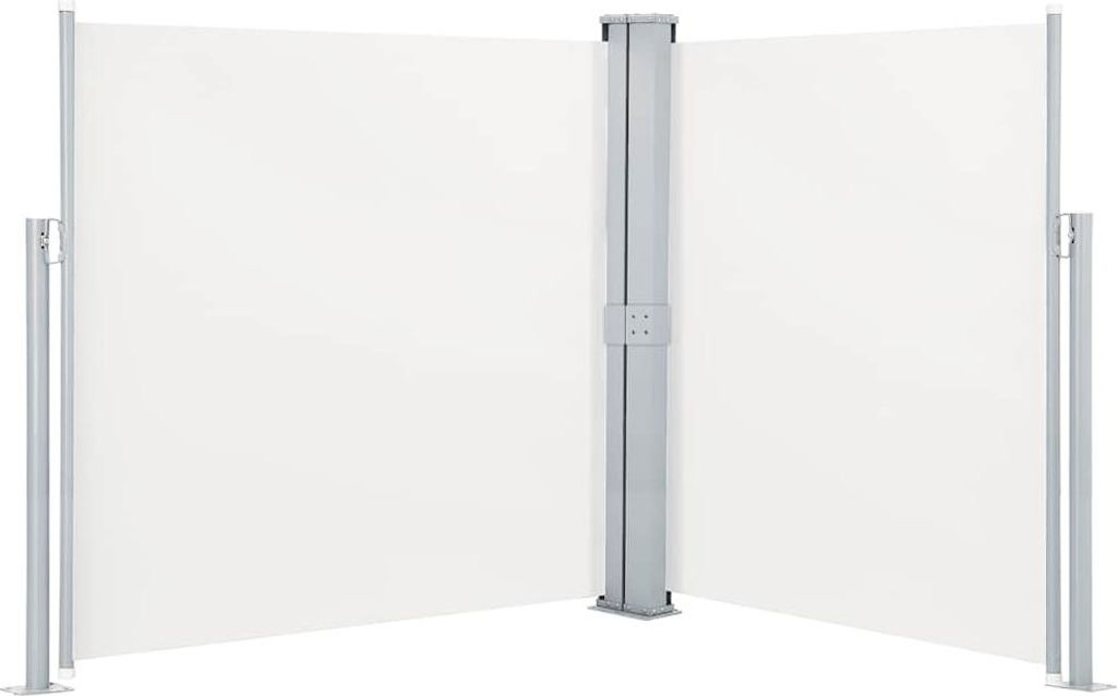 A white retractable side awning is shown, with two panels extending from a central support pole.