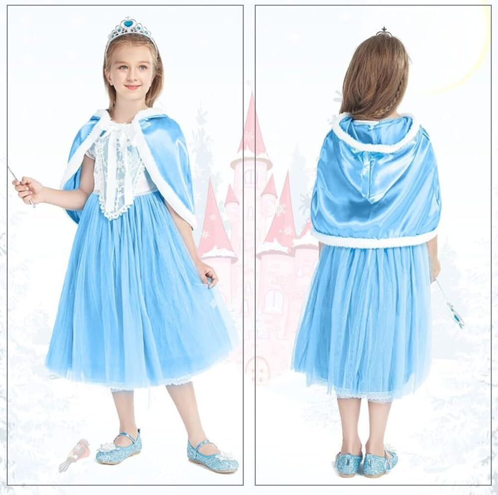 FStory&Winyee Elsa Prinzessin Kostüm Für Mädchen – Blaues Glitzerkleid Mit Umhang, Karneval & Party Verkleidung